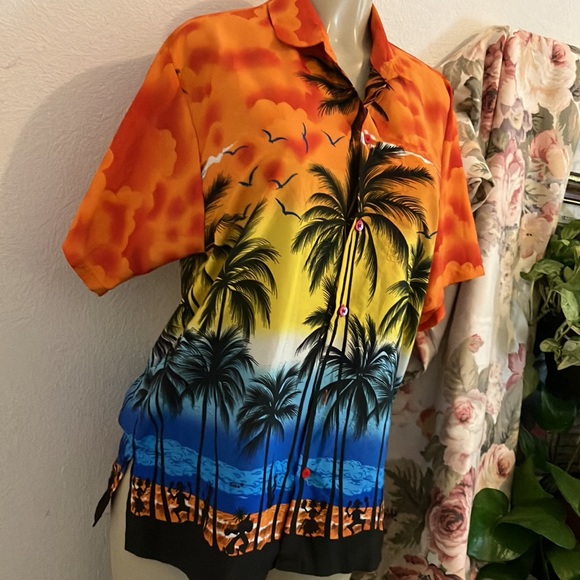 Happy Bay Tropical Multi Color Rima Design Button Front Short Sleeve Shirt - Picture 3 of 12